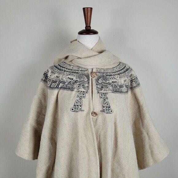 Vintage Mayan Calendar Poncho Cape Cream Wool Shawl Fringe Rustic Ethnic 70s - Picture 7 of 9